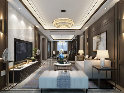 现代轻奢客餐厅 沙发 茶几 背景墙 餐桌椅 吊灯 台灯 挂画 绿植